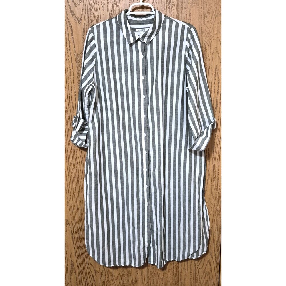Chico's Women's Grey White Striped Button Down 3/4 Sleeve Kaftan Dress Sz 2